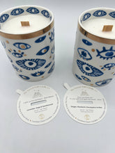 Load image into Gallery viewer, Beautiful Gold, Blue & White Ceramic "Evil Eye" Candle