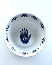 Load image into Gallery viewer, Beautiful Gold & Blue White Ceramic Hamsa Scented Candle
