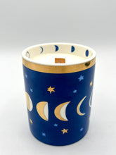 Load image into Gallery viewer, Beautiful Gold, Blue & White Ceramic Moon Phases Candle
