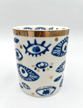 Load image into Gallery viewer, Beautiful Gold, Blue & White Ceramic "Evil Eye" Candle