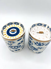 Load image into Gallery viewer, Beautiful Gold, Blue & White Ceramic "Evil Eye" Candle