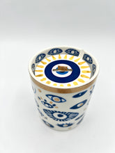 Load image into Gallery viewer, Beautiful Gold, Blue & White Ceramic "Evil Eye" Candle