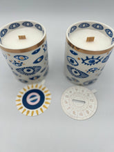 Load image into Gallery viewer, Beautiful Gold, Blue & White Ceramic "Evil Eye" Candle