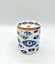 Load image into Gallery viewer, Beautiful Gold, Blue & White Ceramic "Evil Eye" Candle