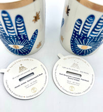 Load image into Gallery viewer, Beautiful Gold & Blue White Ceramic Hamsa Scented Candle