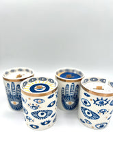 Load image into Gallery viewer, Beautiful Gold, Blue & White Ceramic "Evil Eye" Candle