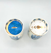 Load image into Gallery viewer, Beautiful Gold & Blue White Ceramic Hamsa Scented Candle