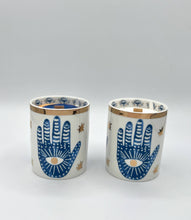 Load image into Gallery viewer, Beautiful Gold & Blue White Ceramic Hamsa Scented Candle