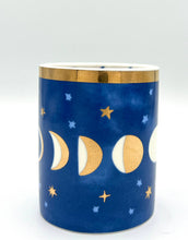 Load image into Gallery viewer, Beautiful Gold, Blue & White Ceramic Moon Phases Candle