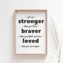 Load image into Gallery viewer, You are stonger than you, braver than you think, and more loved than you could imagine, inspirational art poster
