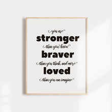 Load image into Gallery viewer, You are stonger than you, braver than you think, and more loved than you could imagine, motivational art poster