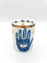 Load image into Gallery viewer, Beautiful Gold &amp; Blue White Ceramic Hamsa Scented Candle
