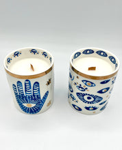 Load image into Gallery viewer, Beautiful Gold &amp; Blue White Ceramic Hamsa Scented Candle
