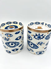 Load image into Gallery viewer, Beautiful Gold, Blue &amp; White Ceramic "Evil Eye" Candle
