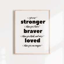 Load image into Gallery viewer, You are stonger than you, braver than you think, and more loved than you could imagine, motivational art poster
